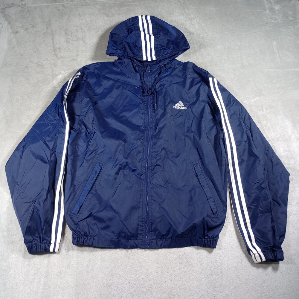 Adidas Windbreaker Jacket Mens Large Navy Blue 3-Stripe Hooded Mesh Lined Retro